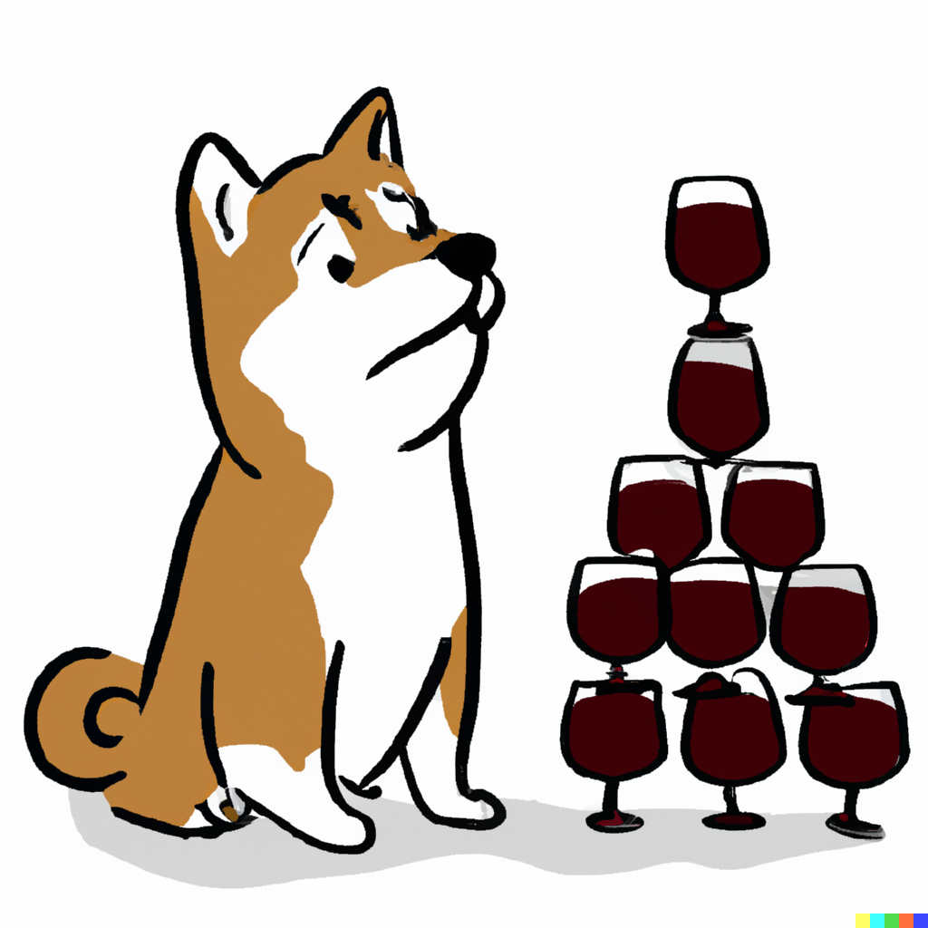 Shiba looking at a segmented stack of wine